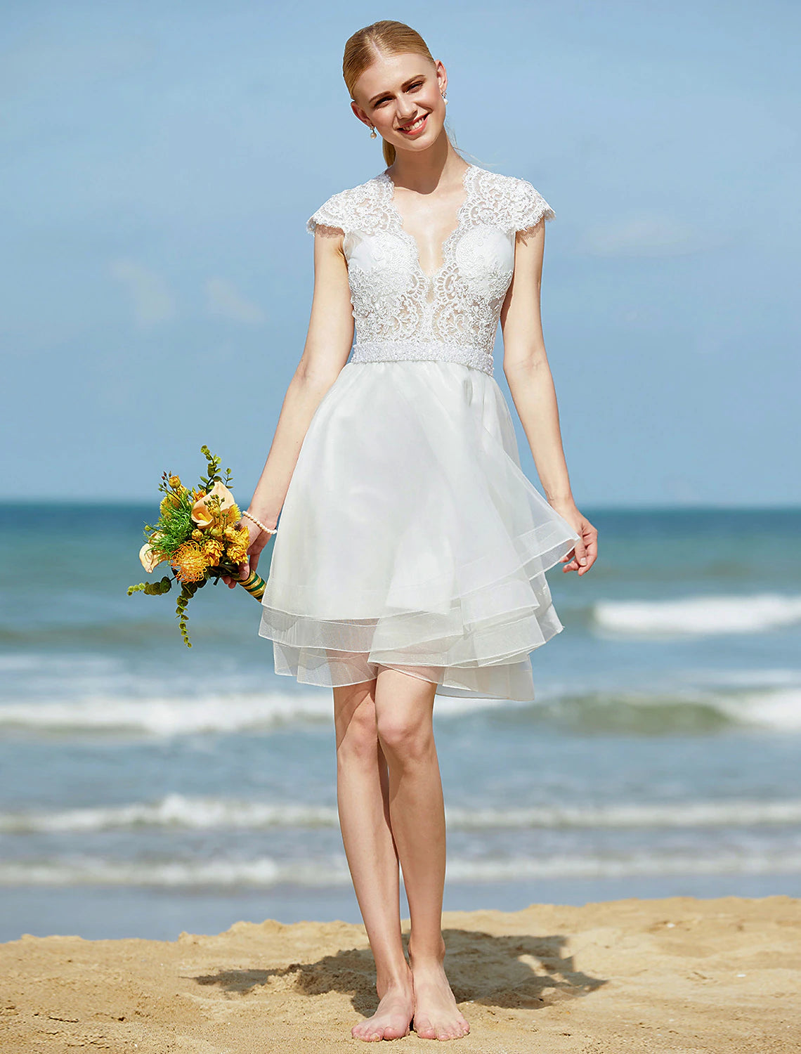 Luolandi Wedding Dresses A-Line V Neck Sleeveless Knee Length Tulle Bridal Gowns With Ribbon Beading